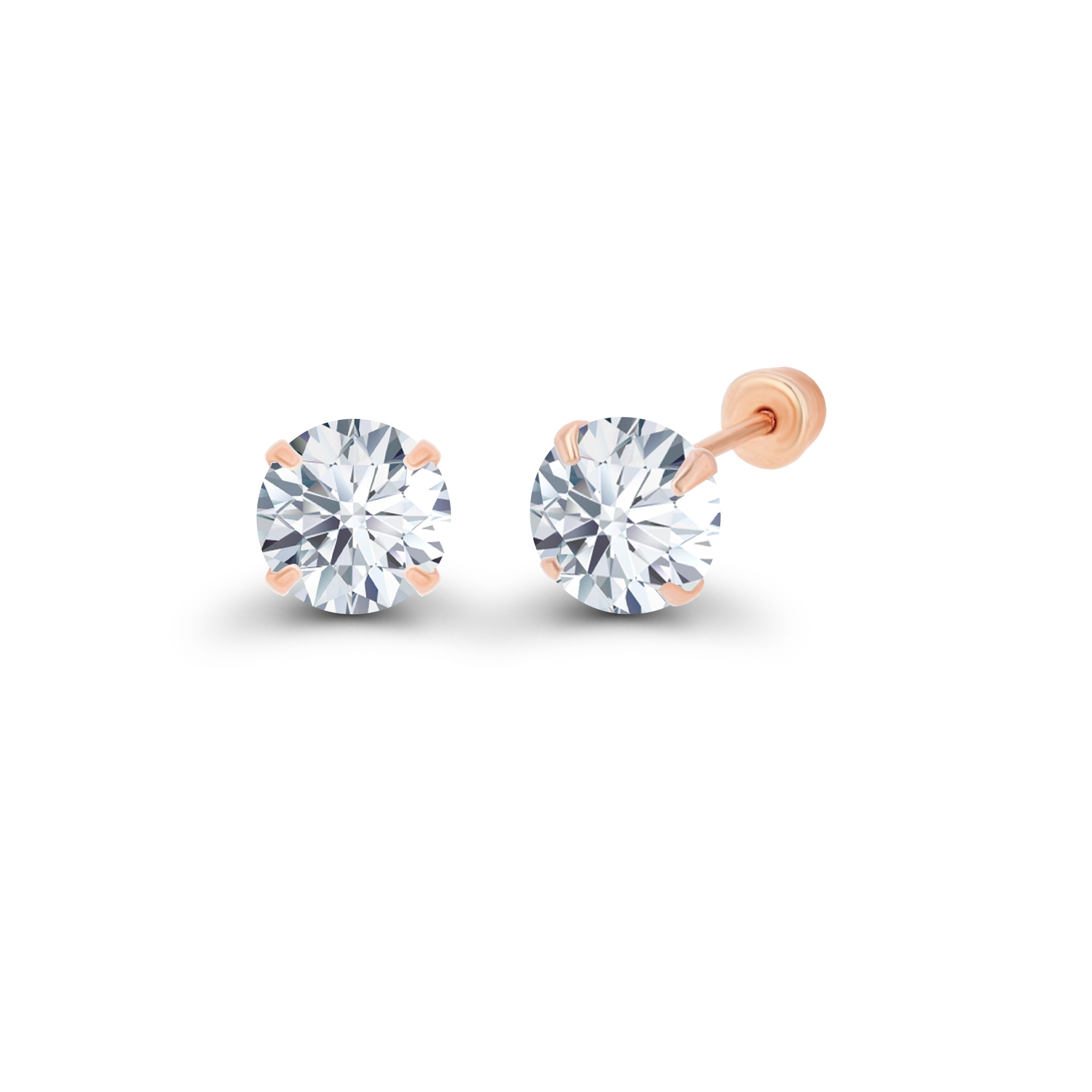 Decadence 14k Rose Gold Hypoallergenic Round Cubic Zirconia April Birthstone CZ Solitaire Stud Earrings With Secure Ball Screw Backs, 4mm